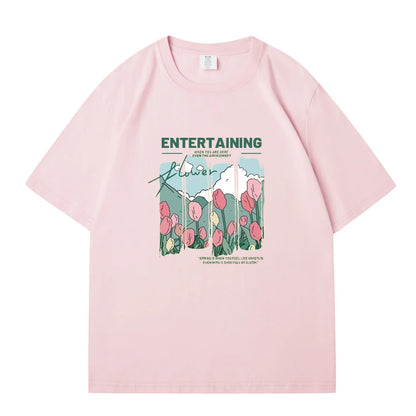 WAVLATII Women New Comics Flowers Printed T shirts Female Beige Streetwear Summer Tees Lady Casual Short Sleeve Tops WT2329