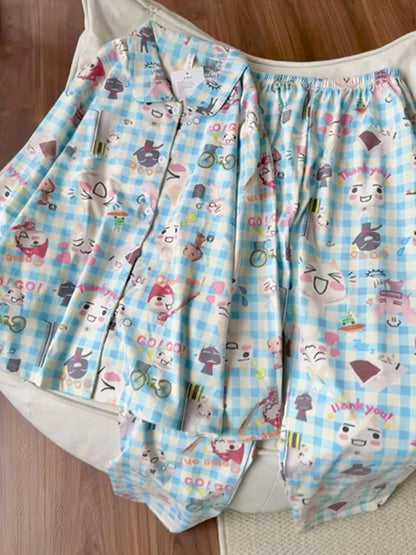 Large Size Pure Cotton Sleepwear Set for Men And Women with Long Sleeves And Pants Cute Cartoon Design for Autumn And Winter
