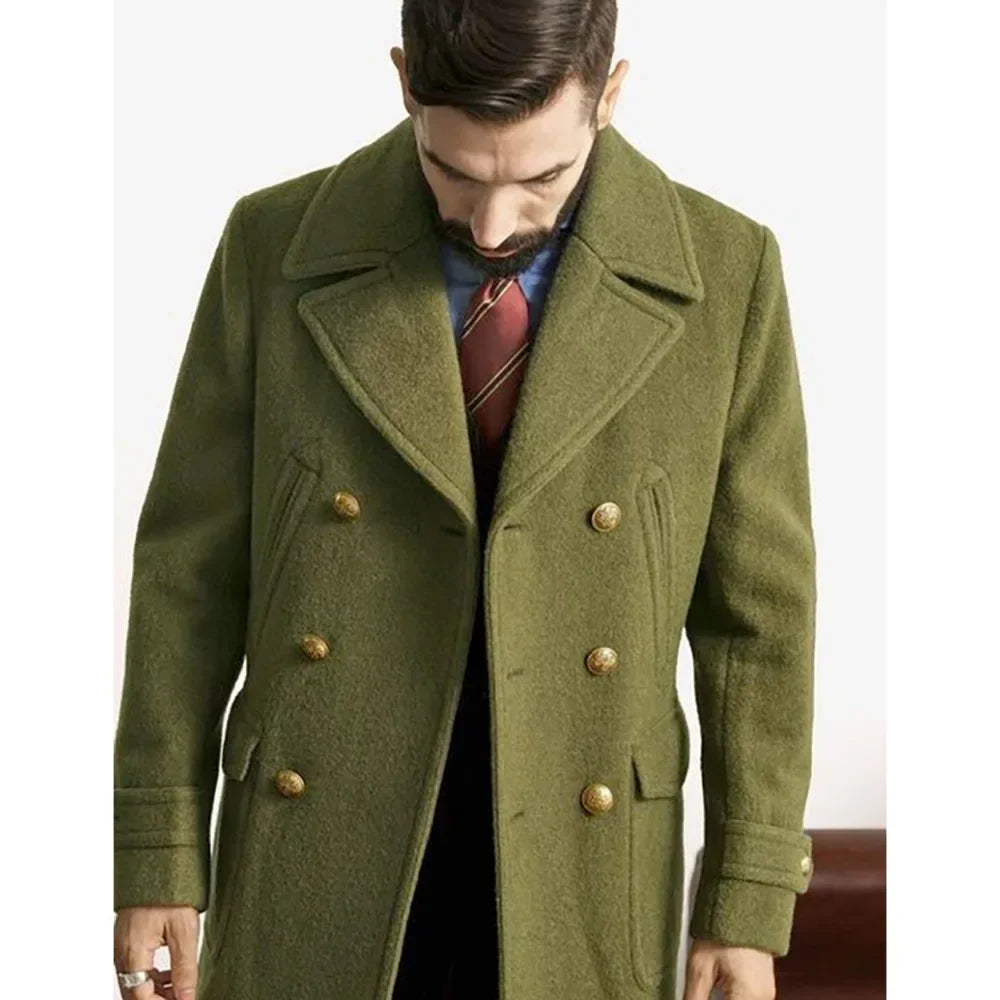 Business Green Men Tweed Jacket Trench Coat Party Mid-length Overcoat Double-breasted Spring Autumn Coat Design Men's Clothing
