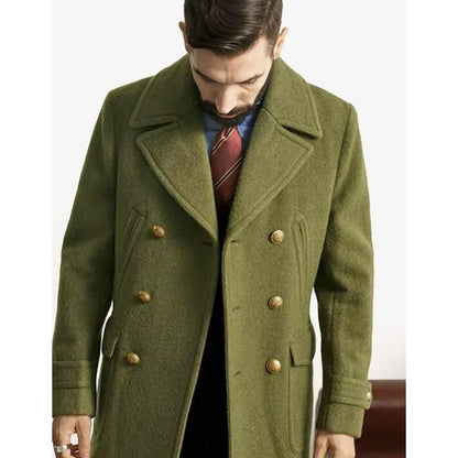Business Green Men Tweed Jacket Trench Coat Party Mid-length Overcoat Double-breasted Spring Autumn Coat Design Men's Clothing