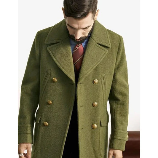 Business Green Men Tweed Jacket Trench Coat Party Mid-length Overcoat Double-breasted Spring Autumn Coat Design Men's Clothing