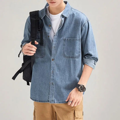 Denim Shirt Men's Long Sleeve Spring and Autumn Boys Japanese Retro Ruffian Handsome Tooling Shirt Gown Casual Jacket Men