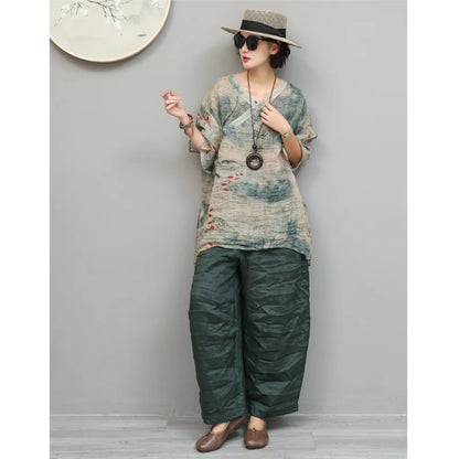 Artistic Ramie Suit Women Summer Printed Lightweight V-neck Mid-length Top + Loose Pants Two-piece Set XY307