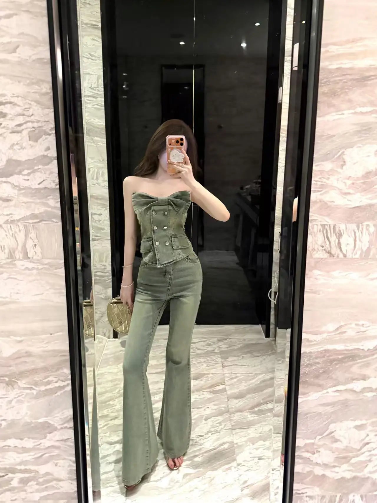 Sexy Slimming Bell Bottoms Two Piece Set with Strapless Denim Vest And  Knot Top for Young Women Spring Fashion