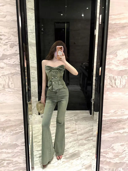 Sexy Slimming Bell Bottoms Two Piece Set with Strapless Denim Vest And  Knot Top for Young Women Spring Fashion