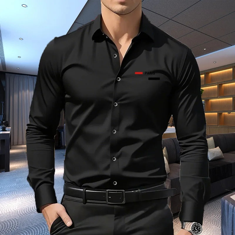 1PC Men's Premium Business Casual Shirt with Sport Logo Print Long Sleeve Slim Fit Wrinkle Resistant Formal Office Daily Shirt