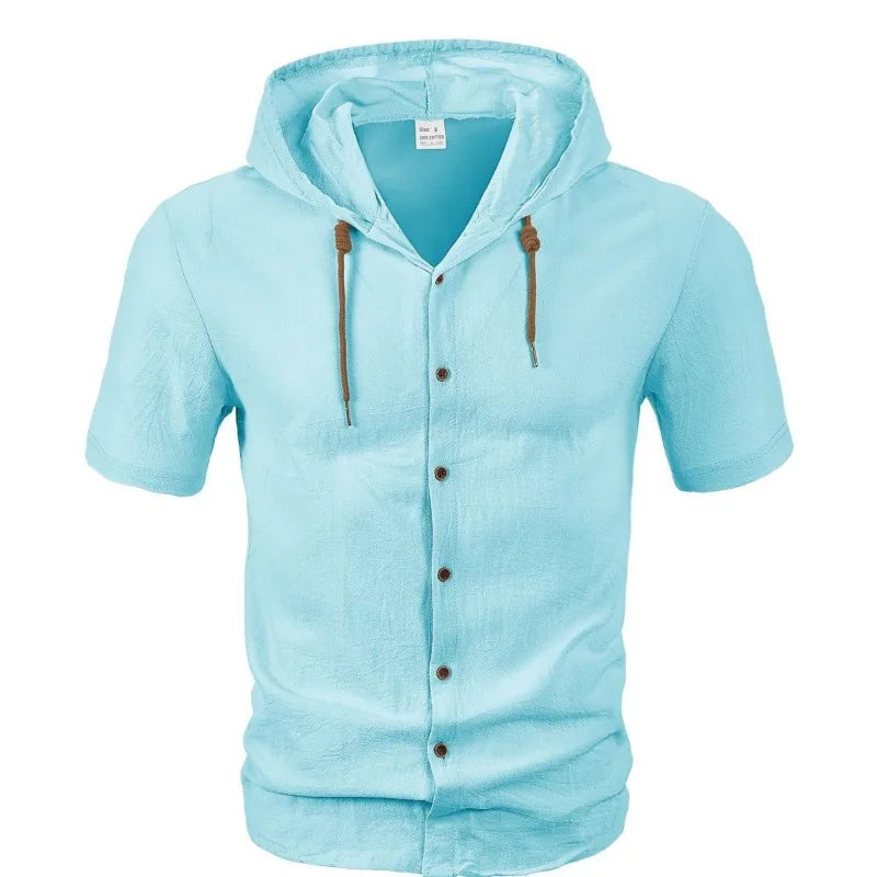 Men's Hooded Button Down Shirt Short Sleeve Linen Look Casual Top Drawstring Summer Beach Vacation Shirt 2026