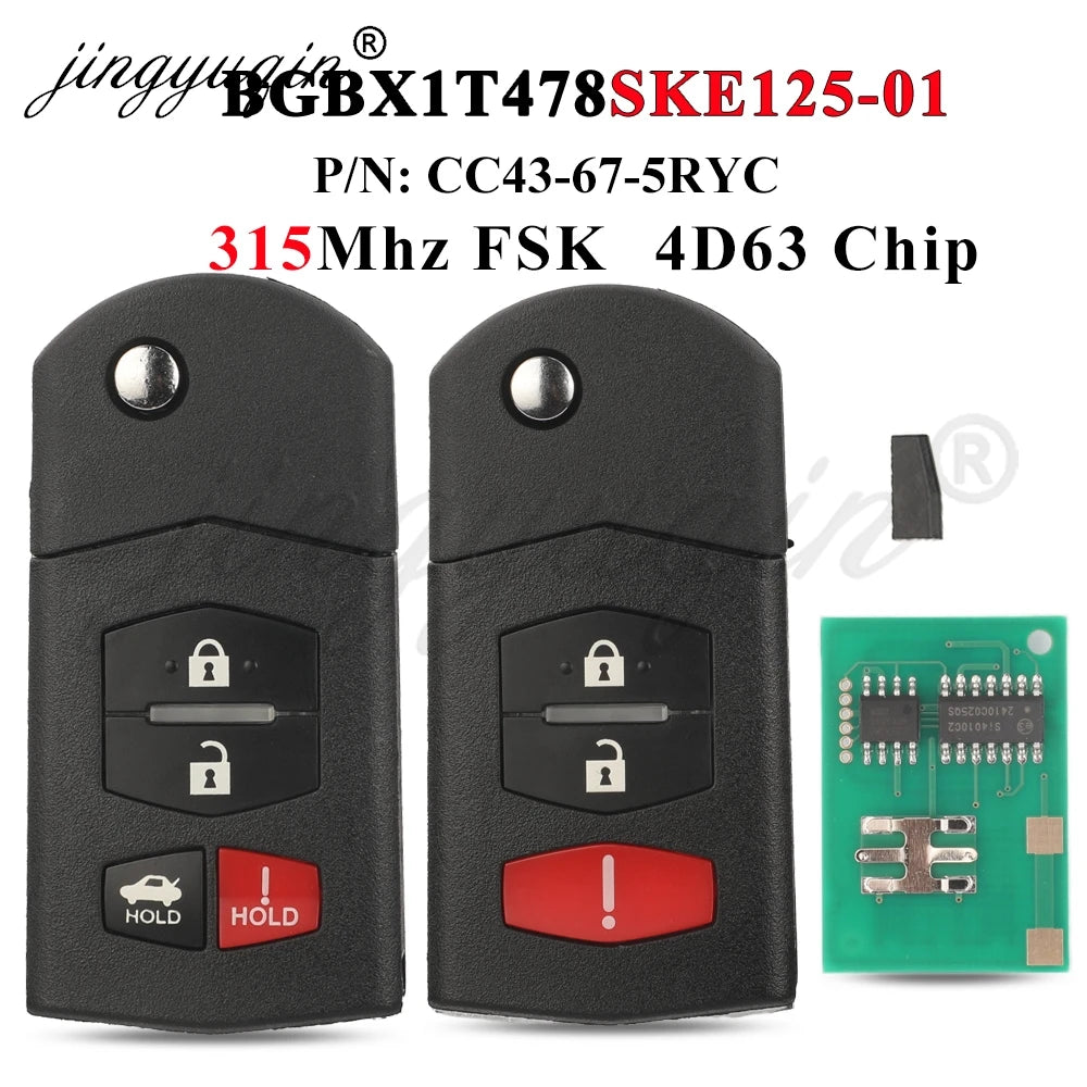 jingyuqin Flip Remote Car Key 315Mhz 4D63 Chip For Mazda 2 3 5 6 8 CX-7 CX-9 MX-5 BGBX1T478SKE125-01 CC43-67-5RYC Fob 3/4Buttons