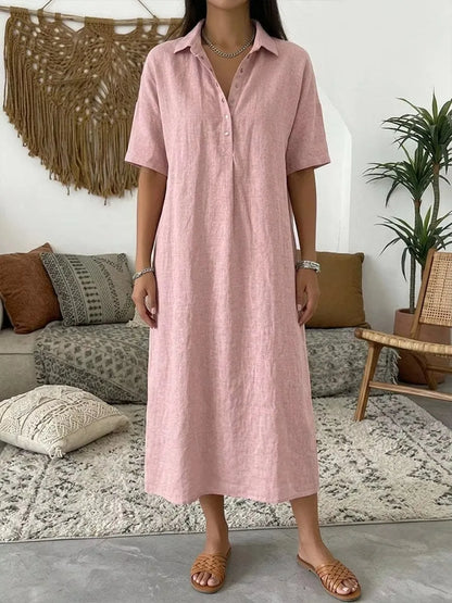 2026 Women's New Casual Straight-Cut Comfortable Polo-Neck Linen Short-Sleeve Dress
