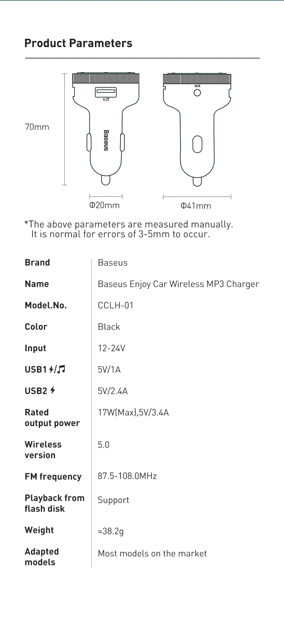 Baseus Car FM Transmitter with Bluetooth 5.0 & 3.4A Dual USB Charger - MP3 Player, Radio, Hands-Free Calling Adapter