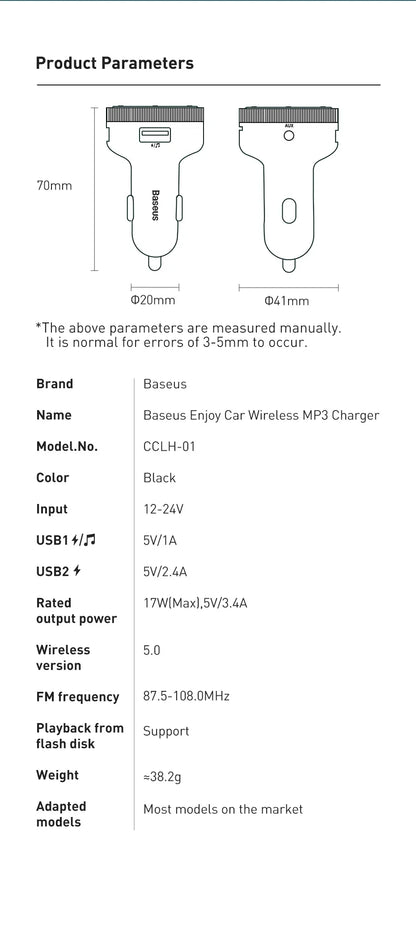 Baseus Car FM Transmitter with Bluetooth 5.0 & 3.4A Dual USB Charger - MP3 Player, Radio, Hands-Free Calling Adapter