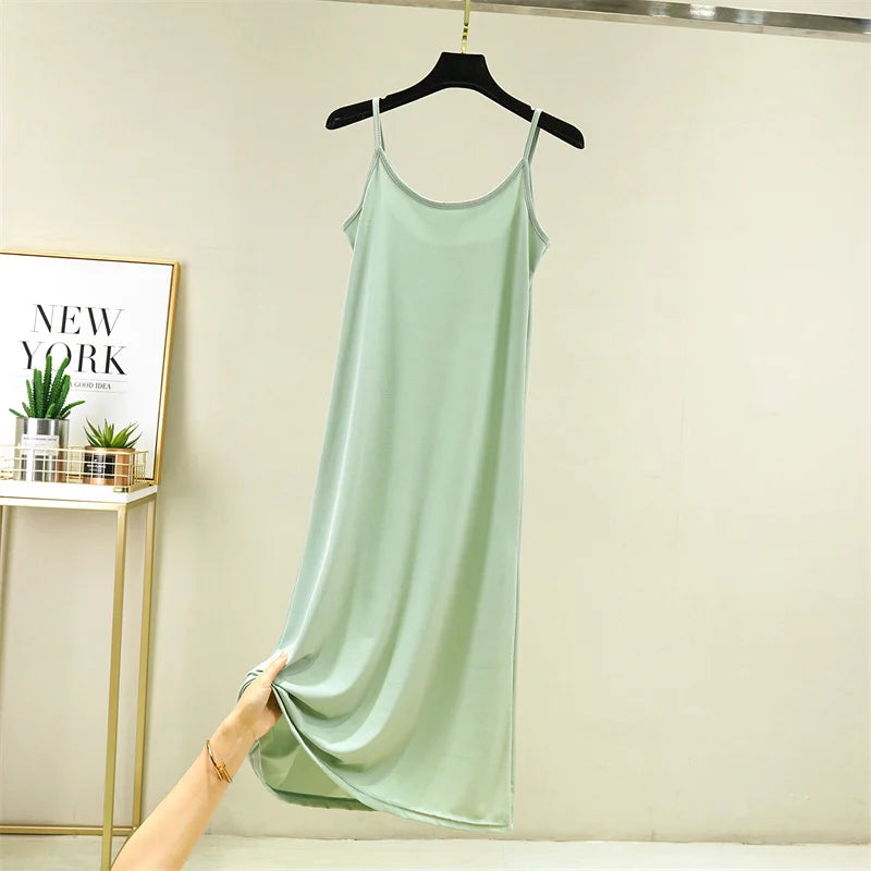Summer Thin Ice Silk A-Line Dress Women's Casual Long Gown Inner Wear Vest Dress plus Size Korean Style Loose Waist Design