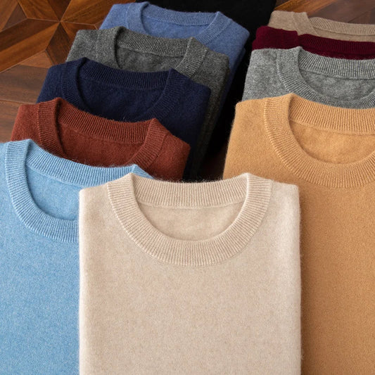 100% cashmere men's pullover business casual solid color knitted sweater loose Pull round neck Tops basic versatile Jumper