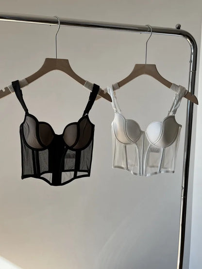 French Long Fishbone Mesh Patchwork Bra Set Slim Shaping Chest Lift Up Sexy Lingerie Outfit Soft Comfortable Underwear S-XL Suit