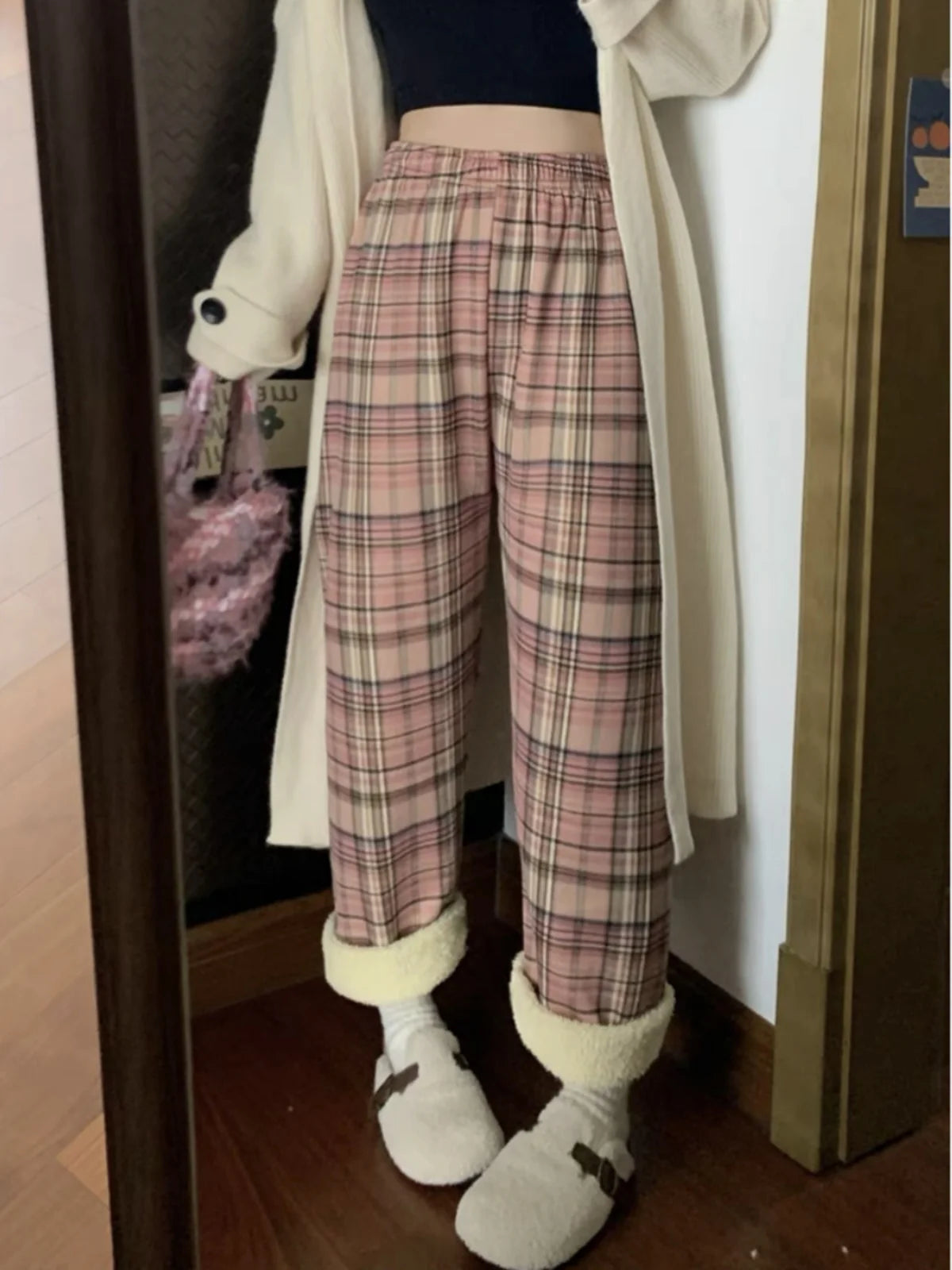 Lamb Velvet Fce Lined Thi Plaid Casual Pants Women's Autumn Winter Loose Straight Leg Wide Leg Cotton Spwear Trousers