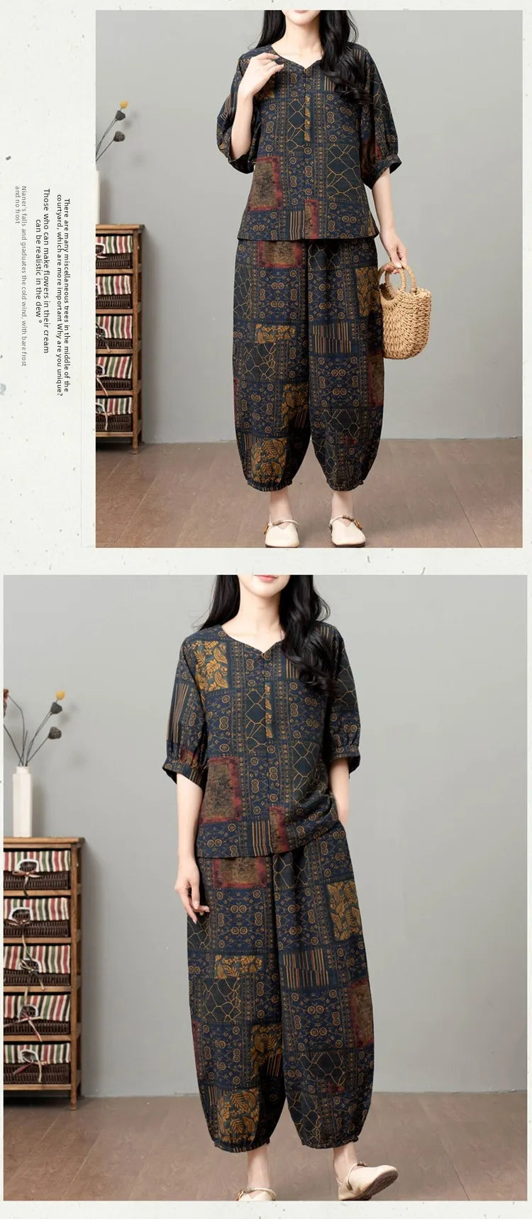 New Summer Floral Print Midi Sleeve Cotton Linen Loose Women's Two-Piece Set Ethnic Style Mom Clothes Comfortable Breathable