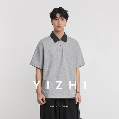 Heavy 230g American Retro Plaid Lapel Polo Shirt Men's 2026 Spring Fake Two-piece High-end T-shirt Short Sleeves
