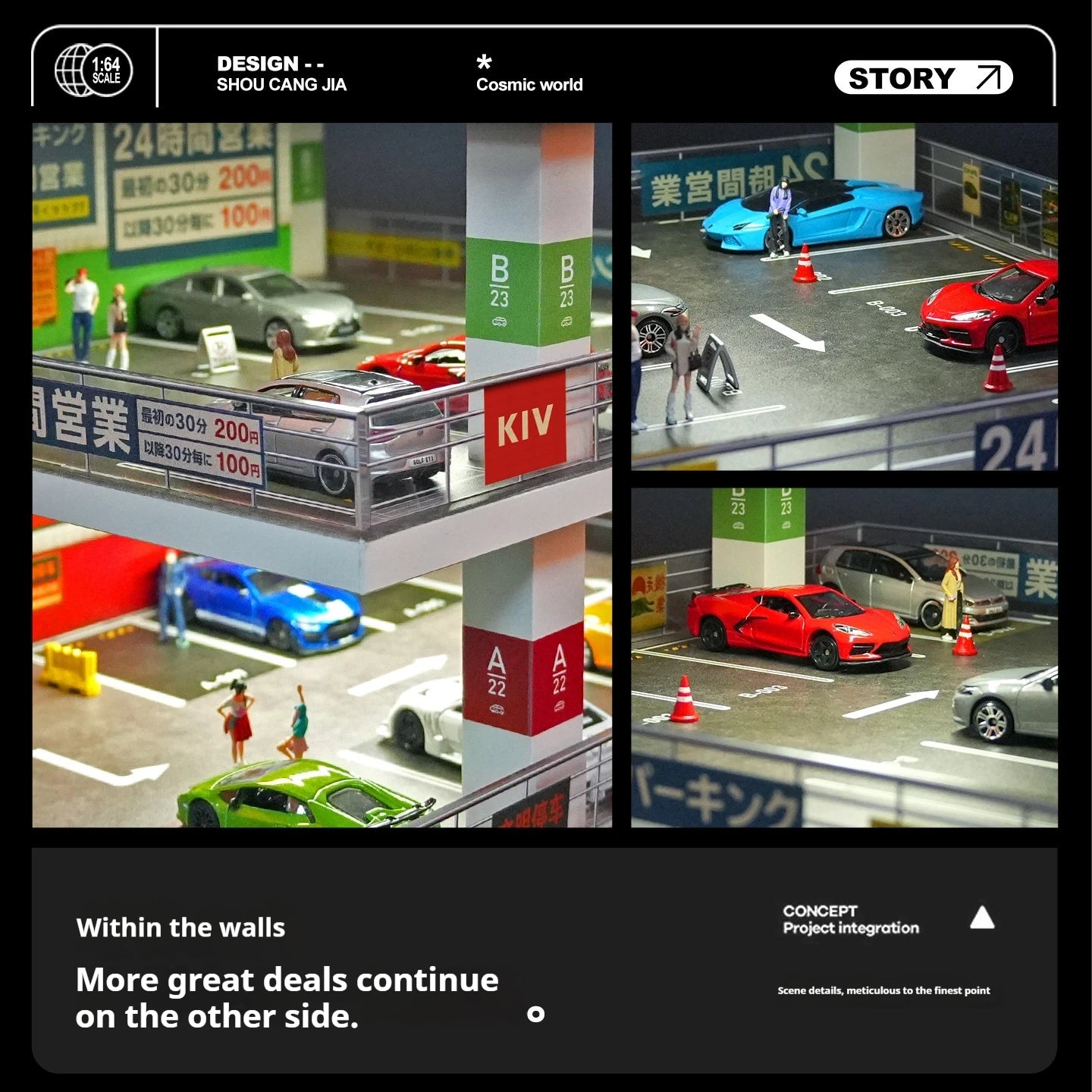 Collector 1:64 Scale LED Multi-Story Parking Garage Diorama, Ramp Model Car Display Case with Light Up for Vehicle Collection