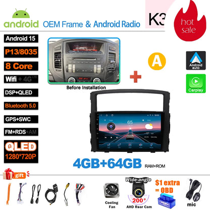 Android 16Carplay For Mitsubishi Pajero 4 V80 V90 2006 2007 -2014 Car Radio Video GPS Navigation Player Unit Multimedia Stereo