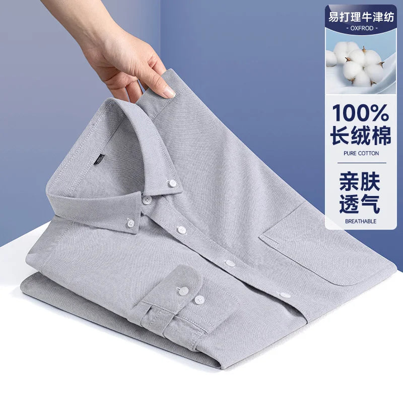 100% Cotton Men's Oxford Shirts Spring Autumn Long Sleeve Basic Casual Solid Striped Button Down Social Business Formal Plus 5XL