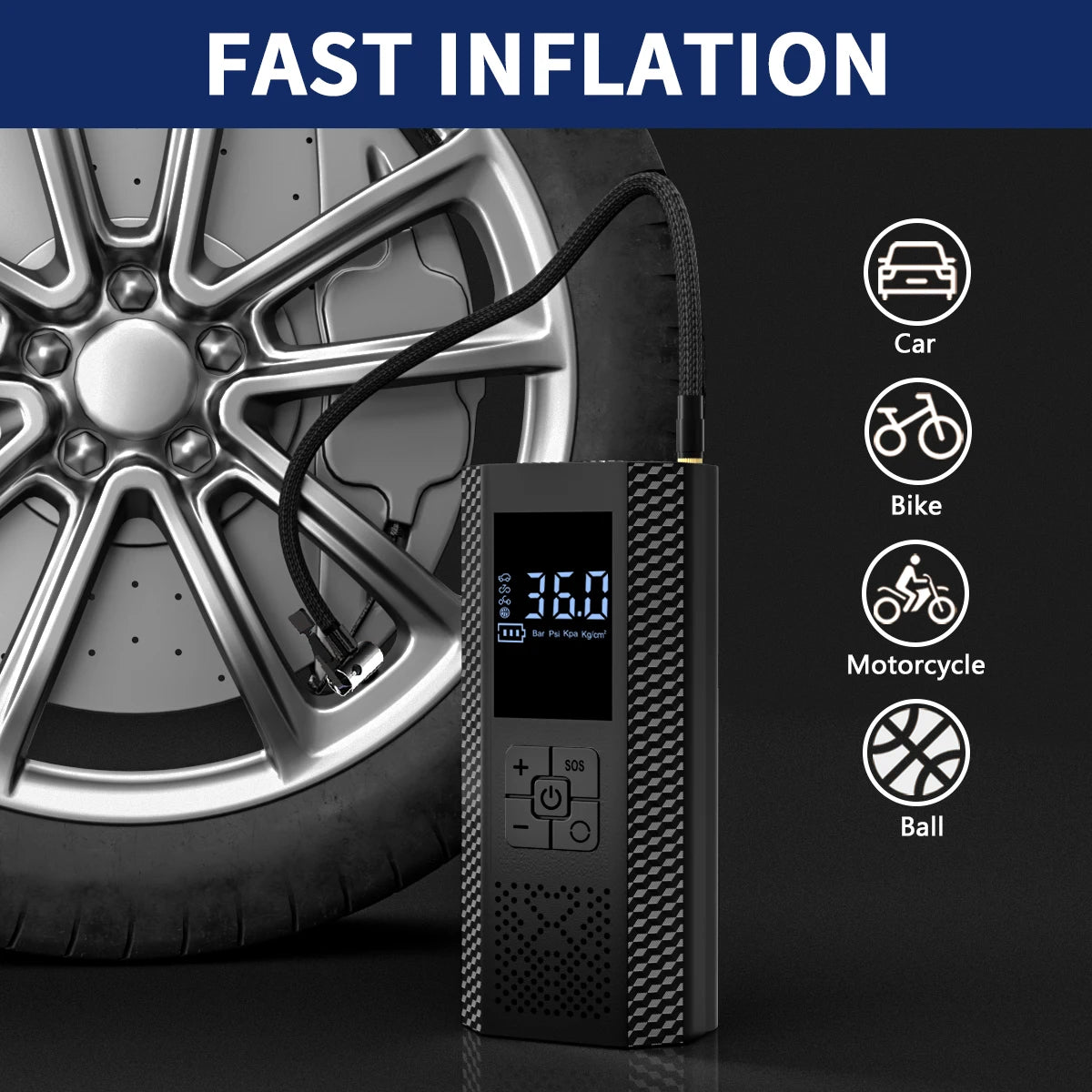 Portable Rapid Tyre Inflator Air Compressor with LED Light And Pressure Gauge for Cars Bicycles Balls - Auto Tire Inflator Gun