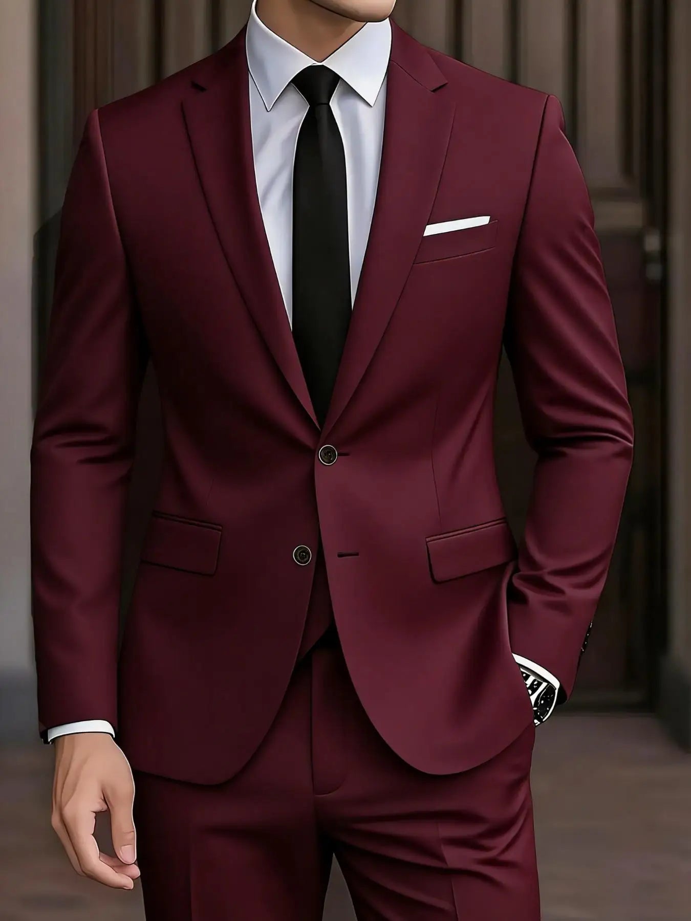 Men's Burgundy 2-Piece Suit Set (Blazer + Trousers Only, No Vest Included),Slim Fit Formal Business Wedding Party Jacket & Pants