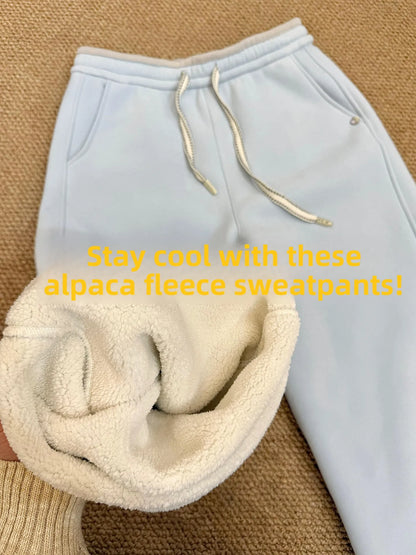 Blue Fleece Lined Thickened Sweatpants Women's Winter New Lazy Warm Cuffed Drawstring Casual Trousers High Waist Wide Leg Pants