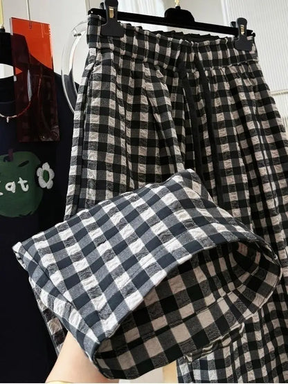Women Korean Plaid Harem Pants Summer Linen Cotton Elastic Waist Cropped Pants High Grade Casual Loose Fashion Daily Trousers