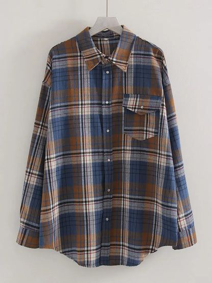 Streamgirl Oversized Plaid Shirt Women 2026 Spring Loose Vintage Long Shirts Full Sleeve Women Plaid Brown Oversized Shirt Blue