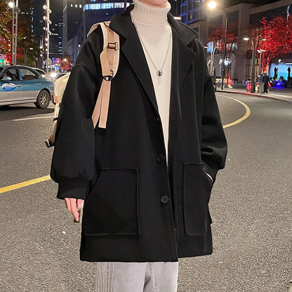 Men's Woolen Coat Autumn Winter Thickened Korean Style Middle-Length Fashionable Jacket Single-Button Pure Color Casual Coat