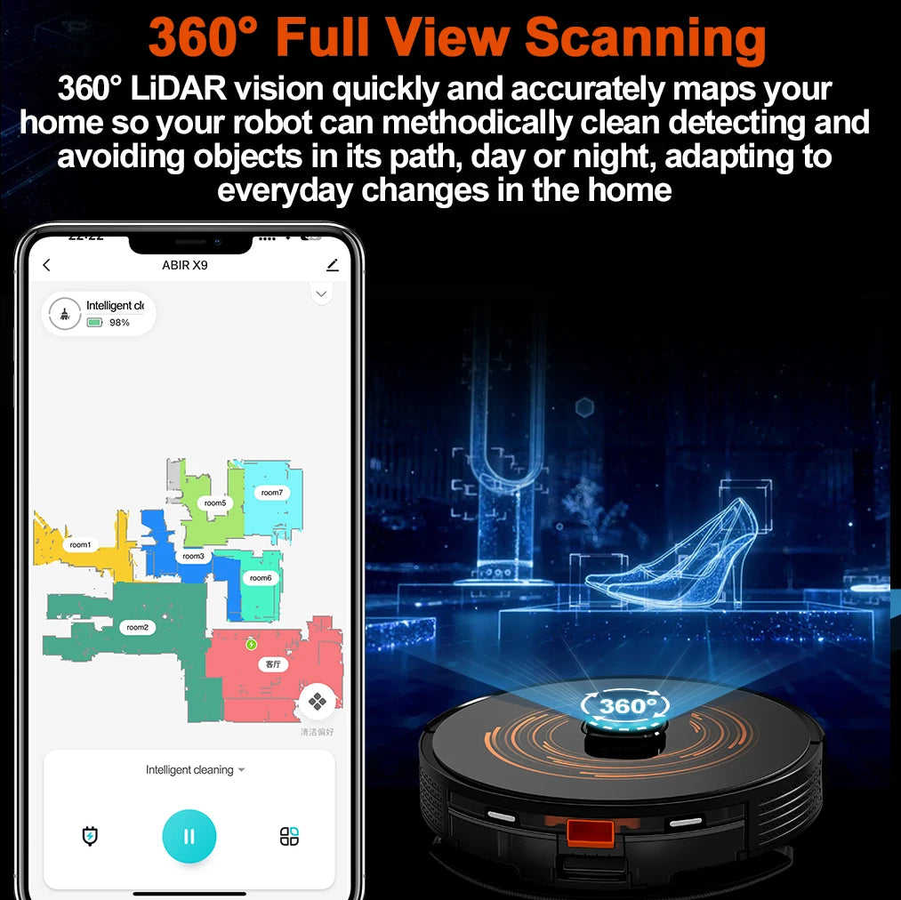 ABIR X9 Robot Vacuum Cleaner,Laser Lidar,UV Spot Cleaning, 6500PA Suction,Multi-Floor Map,Smart Zone Control,Auto Carpet Boost