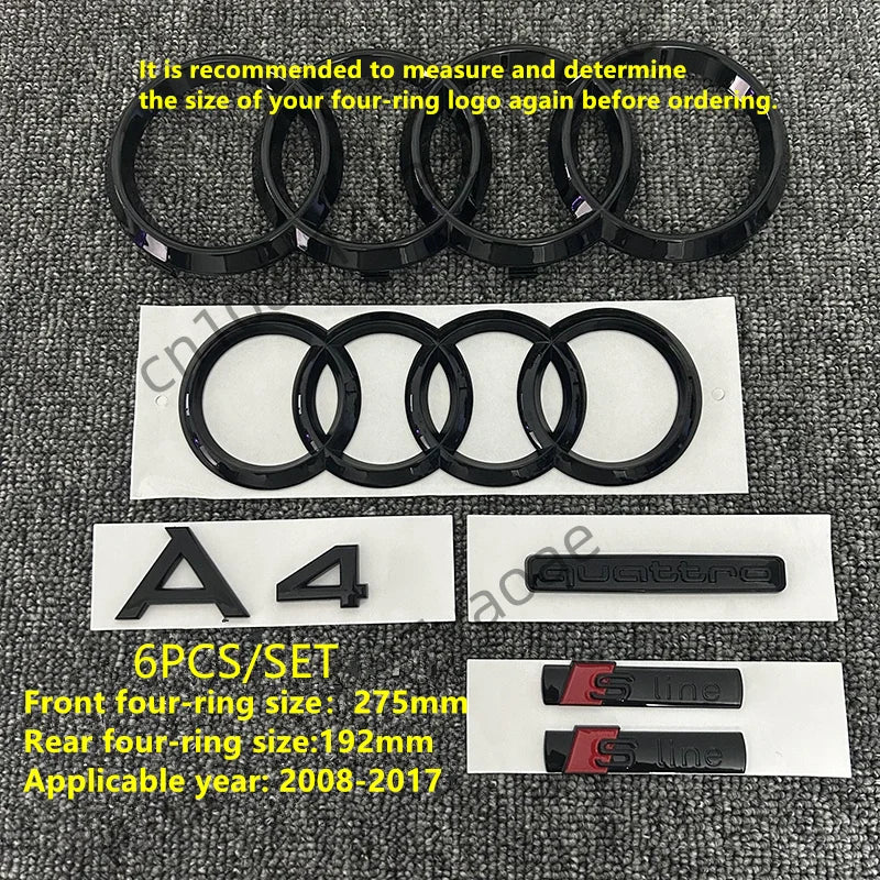 6/5Pcs 4Ring ABS Car Hood Front Grill Rear Trunk Emblem Stickers For Audi A3 A4 A5 A6 A7 Q2 Q3 Q5 Q8 S3 S4 S5 S6 RS3 RS4 RS5 RS6