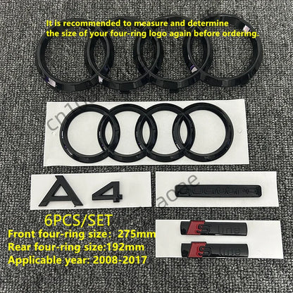 6/5Pcs 4Ring ABS Car Hood Front Grill Rear Trunk Emblem Stickers For Audi A3 A4 A5 A6 A7 Q2 Q3 Q5 Q8 S3 S4 S5 S6 RS3 RS4 RS5 RS6