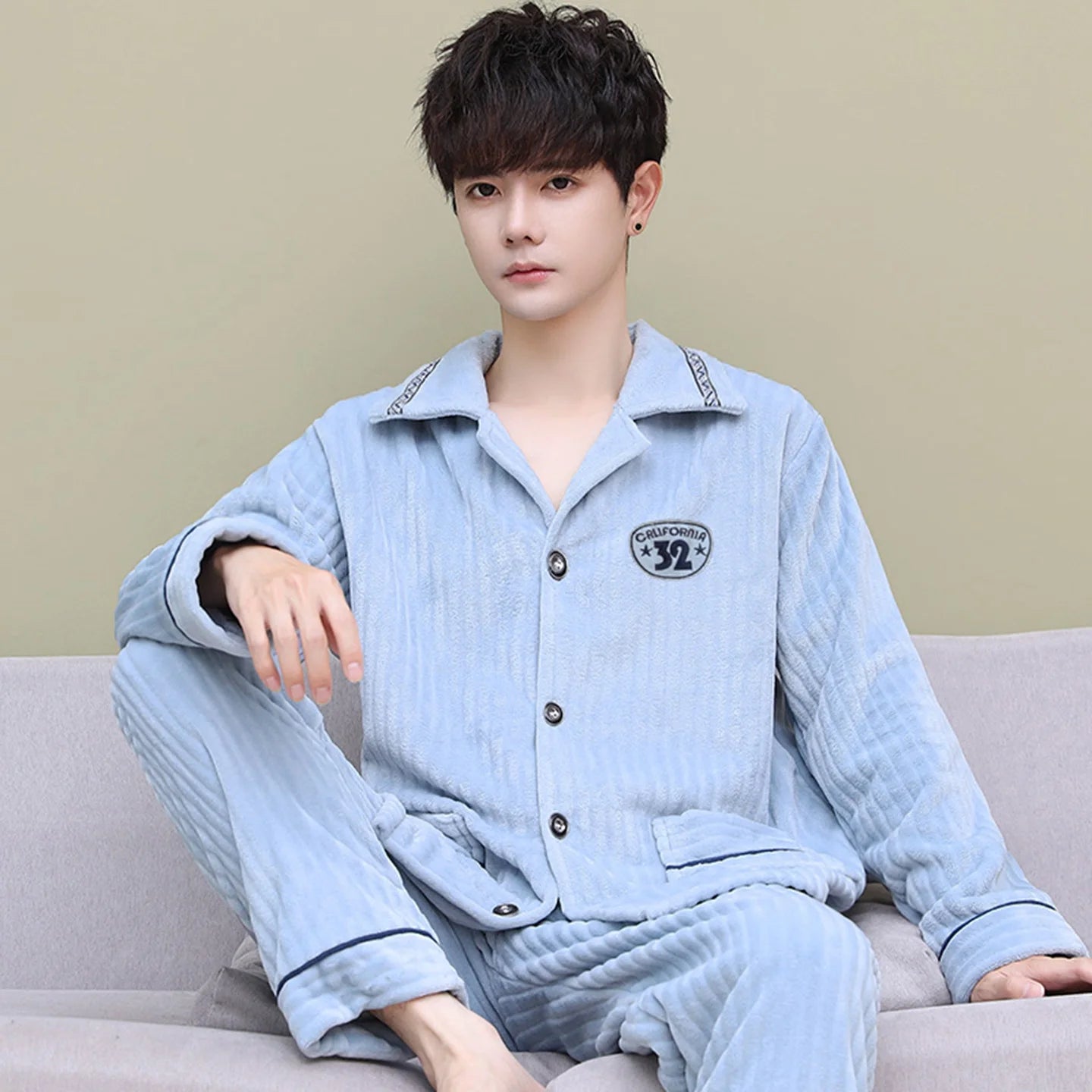 Men's Thickened Flannel Pajamas Coral Fleece Home Clothes Cardigan Set Long Sleeve Long Pants Soft Warm Winter Autumn Sleepwear