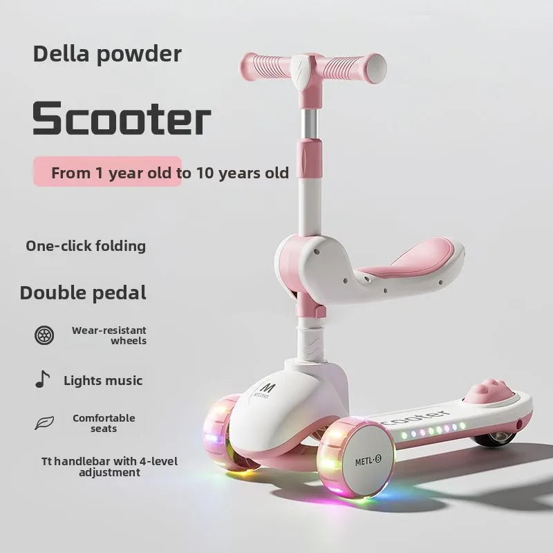 3-in-1 Kids Scooter with Seat, Foldable Toddler Kick Scooter for Boys Girls Ages 1-3-6-10, 3-Wheel Light-Up Ride-On Toy with
