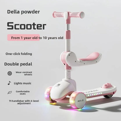 3-in-1 Kids Scooter with Seat, Foldable Toddler Kick Scooter for Boys Girls Ages 1-3-6-10, 3-Wheel Light-Up Ride-On Toy with