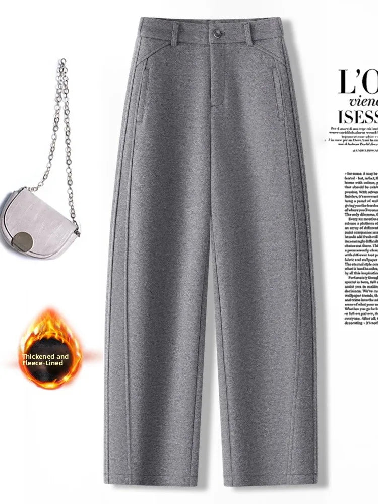 High Waist Grey Woolen Knife Pants Women's Casual Autumn Winter Straight Leg Trousers Commute Style Korean Fashion