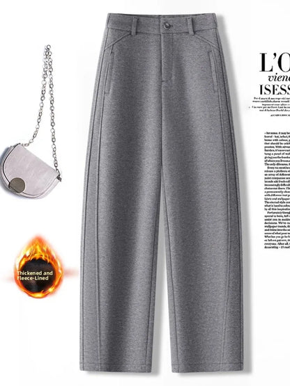 High Waist Grey Woolen Knife Pants Women's Casual Autumn Winter Straight Leg Trousers Commute Style Korean Fashion