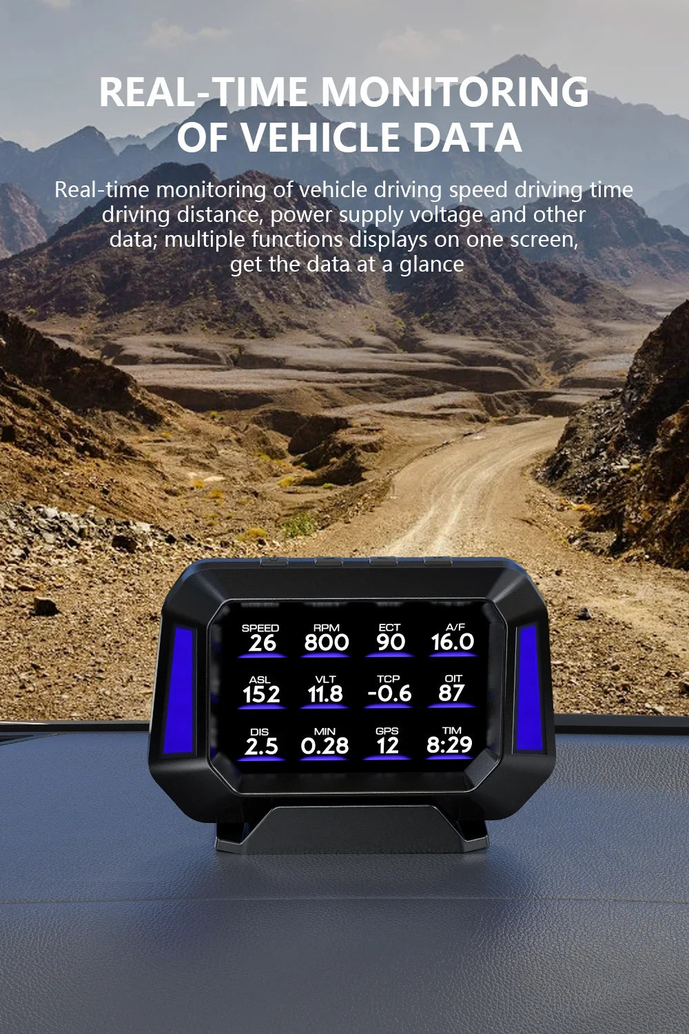Head up Display OBD + GPS Car Water Temperature Turbo Oil Temperature Multi-function Meter LCD Display Automotive Speed Alarm