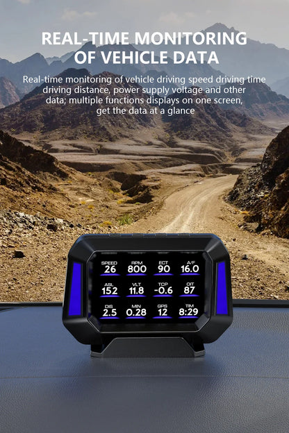 Head up Display OBD + GPS Car Water Temperature Turbo Oil Temperature Multi-function Meter LCD Display Automotive Speed Alarm