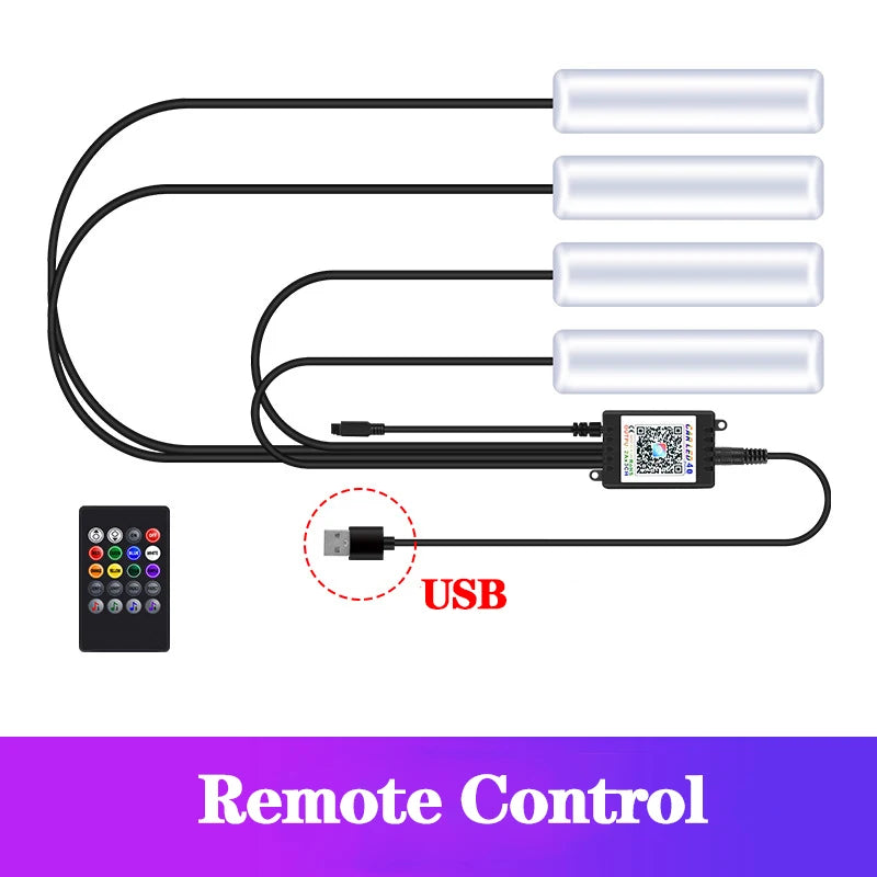 LED Car Interior Ambient Foot Light Kit With USB Cigarette Lighter Backlight Remote App Music Control Auto RGB Decorative Lamp