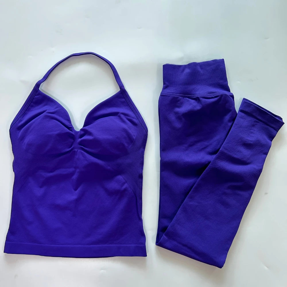 2 Pieces Sports Set Women Backless Tank Yoga Tops High Waist Scrunch Seamless Shorts Sport Gym Set Sportswear Workout Set