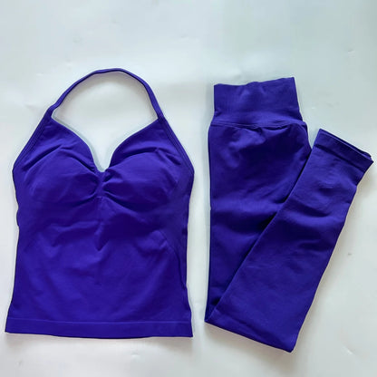 2 Pieces Sports Set Women Backless Tank Yoga Tops High Waist Scrunch Seamless Shorts Sport Gym Set Sportswear Workout Set
