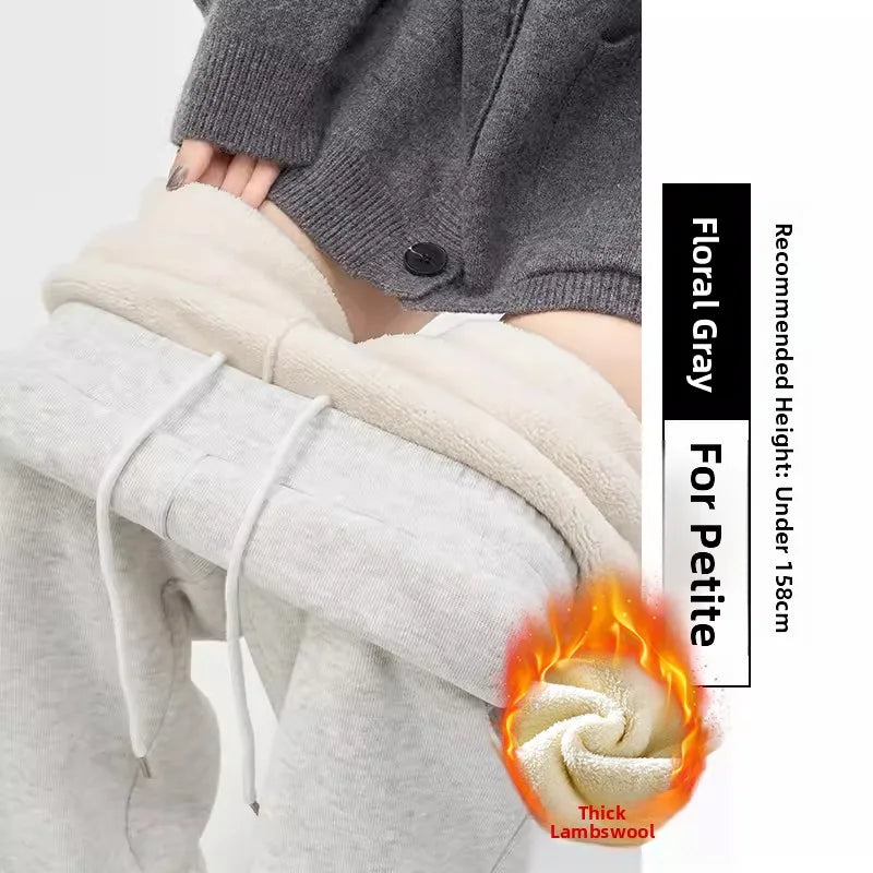 Gray Lamb Velvet Sport Pants Women's High Waist Drapey Fleece Wide Leg Casual Small Size Thickened Cotton Pants