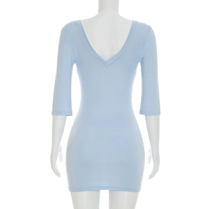 Tsiisd Women's Blue Deep V Neck Mini Dress Slim Office Commute Summer Daily  Streetwear Fashion Party Dress Female Bodycon Dress