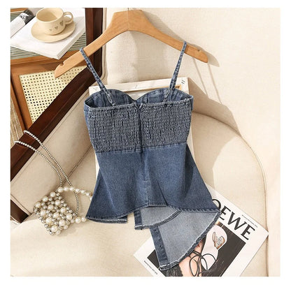 Irregular Halter Neck Denim Crop Top Women Summer Outdoor Wear with Chest Pad Slimming Sexy Girl Shirt Short Length Zipper