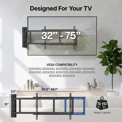 Steel Low Profile Electric TV Wall Mount for 32 to 75 inch LCD LED Plasma Screens, Motorized Swing TV Bracket with 90 Degree Swi