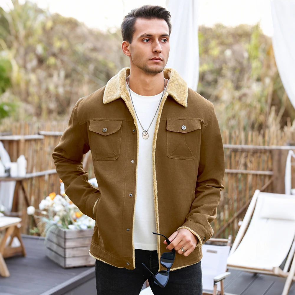 Men's Jackets Winter Windproof Warm Faux Shearling Lined Warm Coat Black Buttoned Parka Pockets Casual High Quality Tops US Size