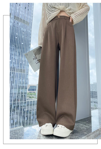 Seoulish Autumn Elegant Women's Wide Leg Pants 2024 New Korean Solid Button Casual Loose Office Full Length Trousers Female