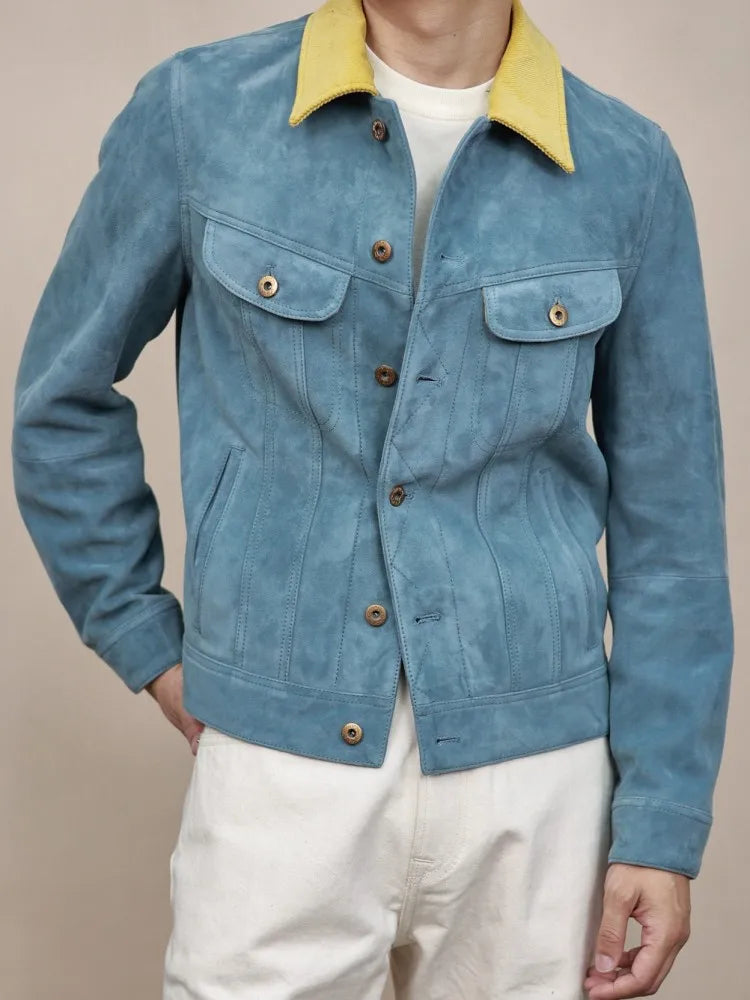 Leisure Lapel Single-Breasted Straight Men Genuine Leather Jacket Retro Solid Color Male Sheepskin Long Sleeves Outerwear